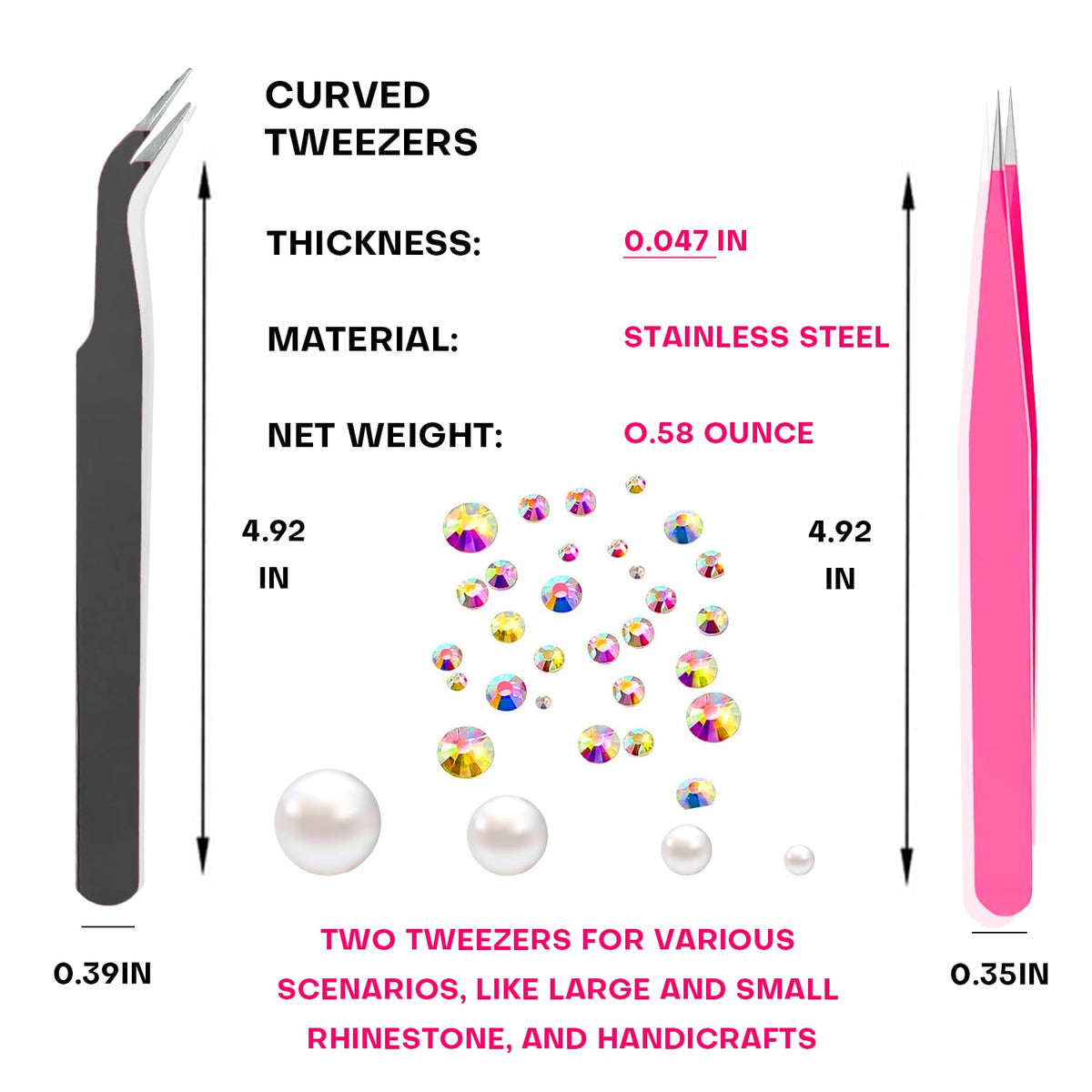 14 Pcs Rhinestone Picker Tool - 3 Pcs Dual-head Pens with 6 Wax Tips, Useful Clay, Precision Curved and Straight Tweezers Kit for Picking Up Nail Art Gems, Stones, Crystals, and Nail Charms