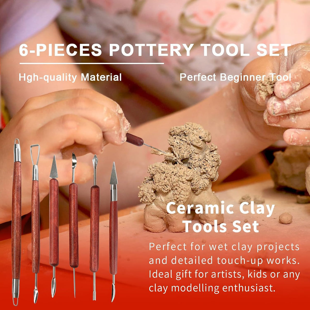 Clay Sculpting Tools, 6 PCS Double-Ended Stainless Steel Polymer Clay Tools, Wooden Handle Pottery Tools for Embossing, Carving Tools and Supplies