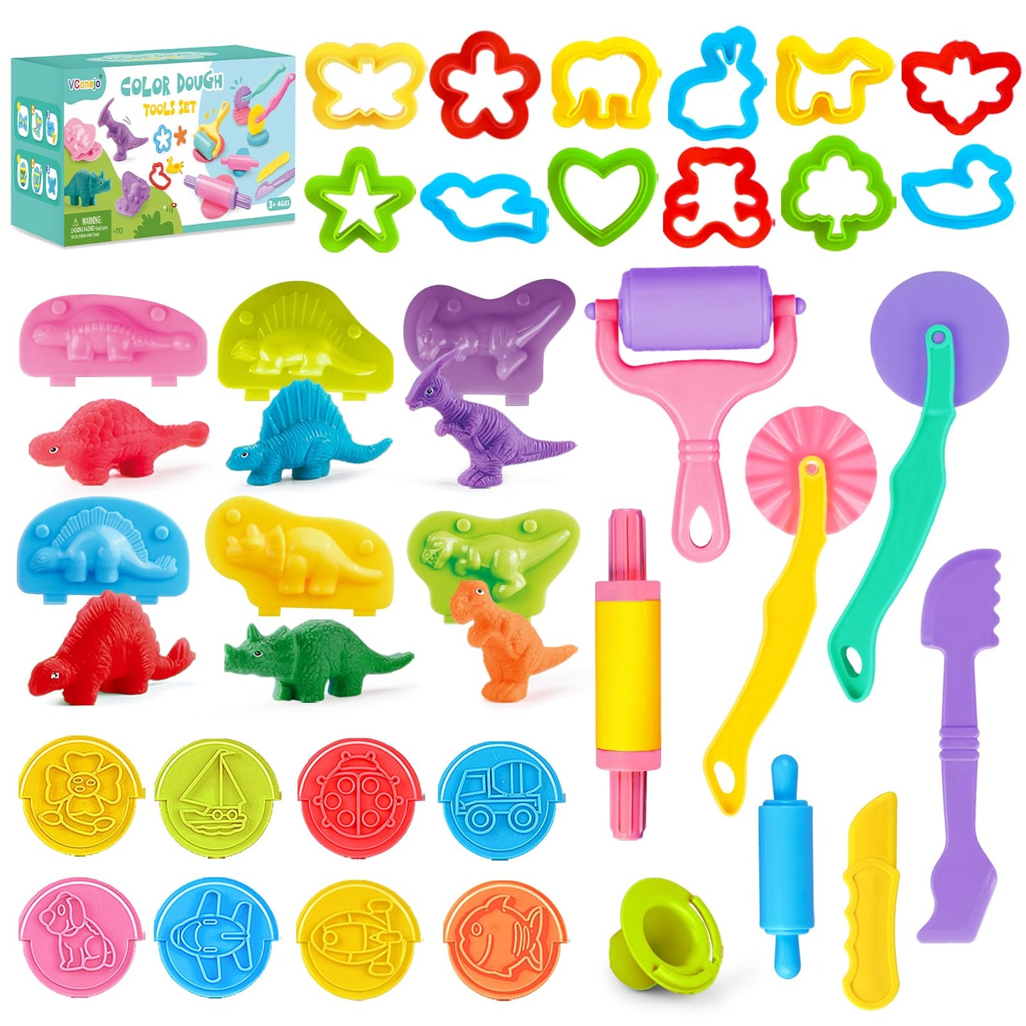34Pcs Dough Tools Play Set with Dino Molds Animal Cutters Stamps Rollers