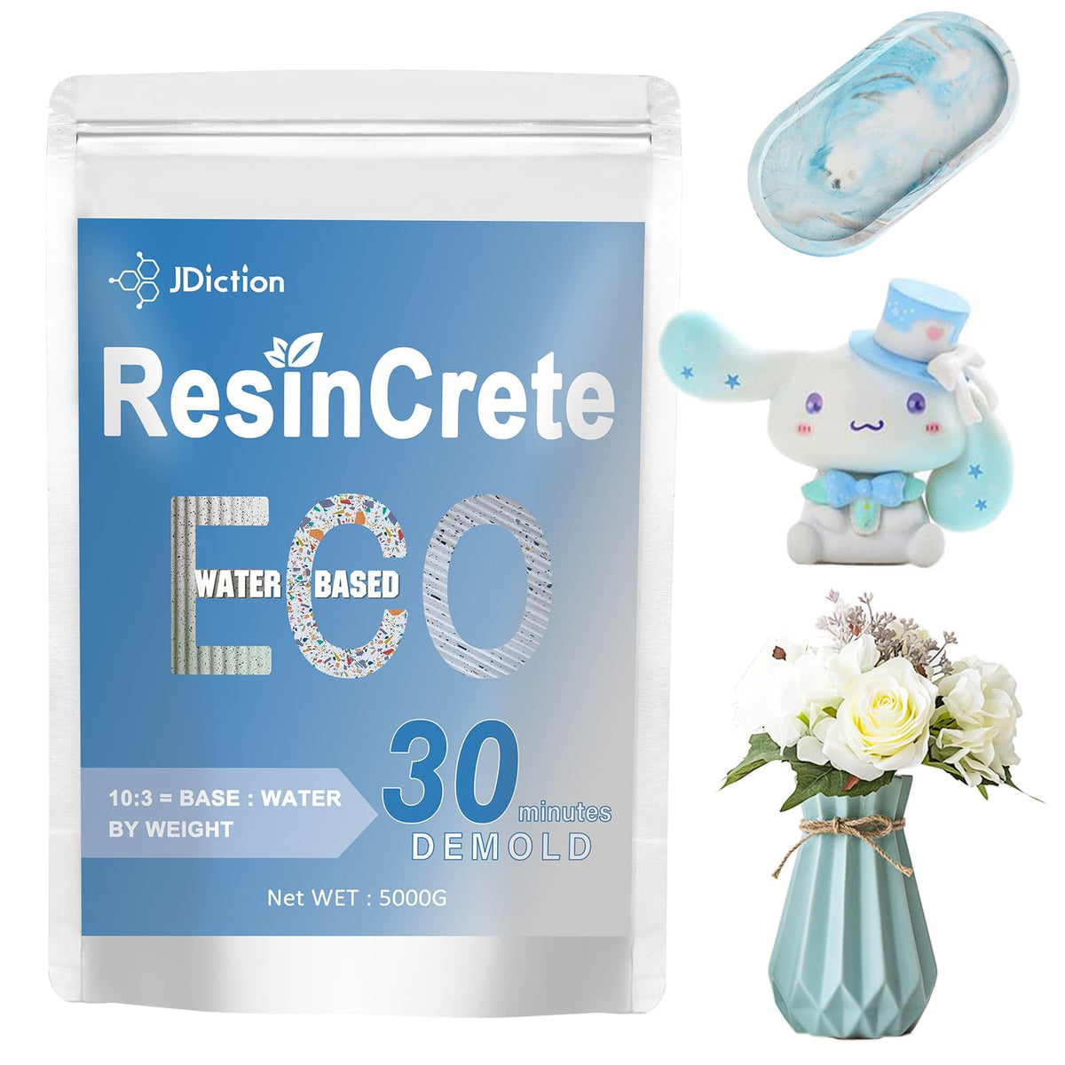 JDiction ResinCrete, 1000G Water-Based Eco-Friendly Formula, 20-30 Minutes Demold Fast Curing Eco Casting for Beginners, Mineral Casting Powder, Easy Mix for DIY Home Art