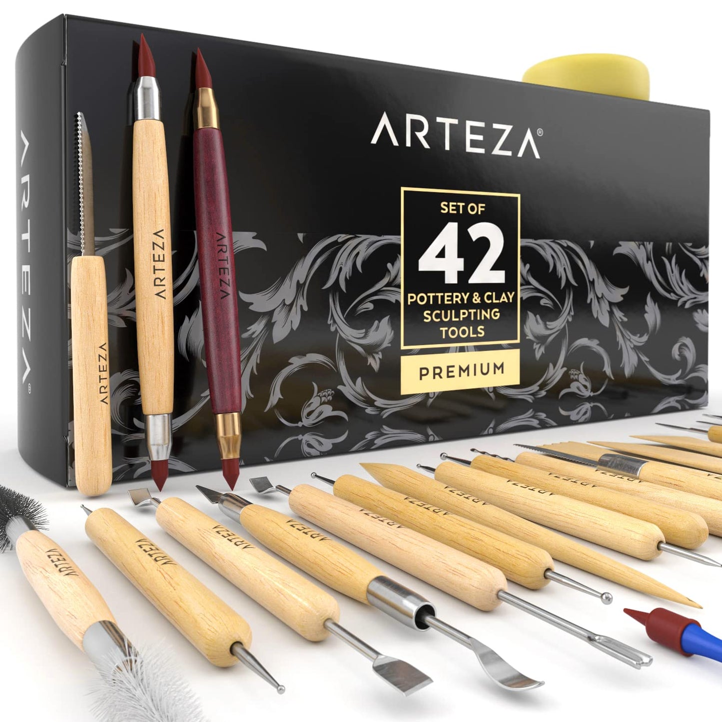 ARTEZA Pottery and Sculpting Tools, 22-Piece Set for Modeling and Carving | Steel and Silicone Ends, Wooden Handles, Wheel Cutter, Rolling Pin, Stylus and Ribbon Tools, For Wet Clay and Ceramics