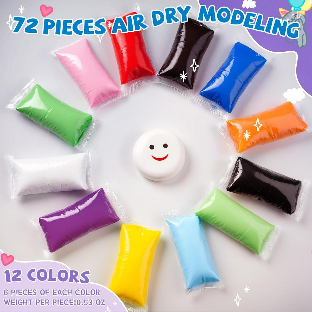 VioraWhite 72 Pcs 38oz Air Dry Clay Bulk Modeling Clay,Classic Color