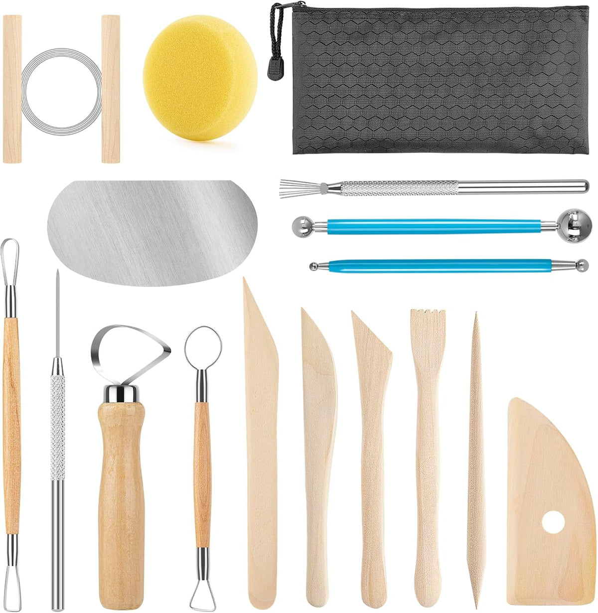 KACOLA Pottery Tool Kit, 17pcs Polymer Clay Tools, Modeling Clay Sculpting Tools Kit, Ceramics Tools, Trimming, Embossing Pattern, Smooth Wooden Handles