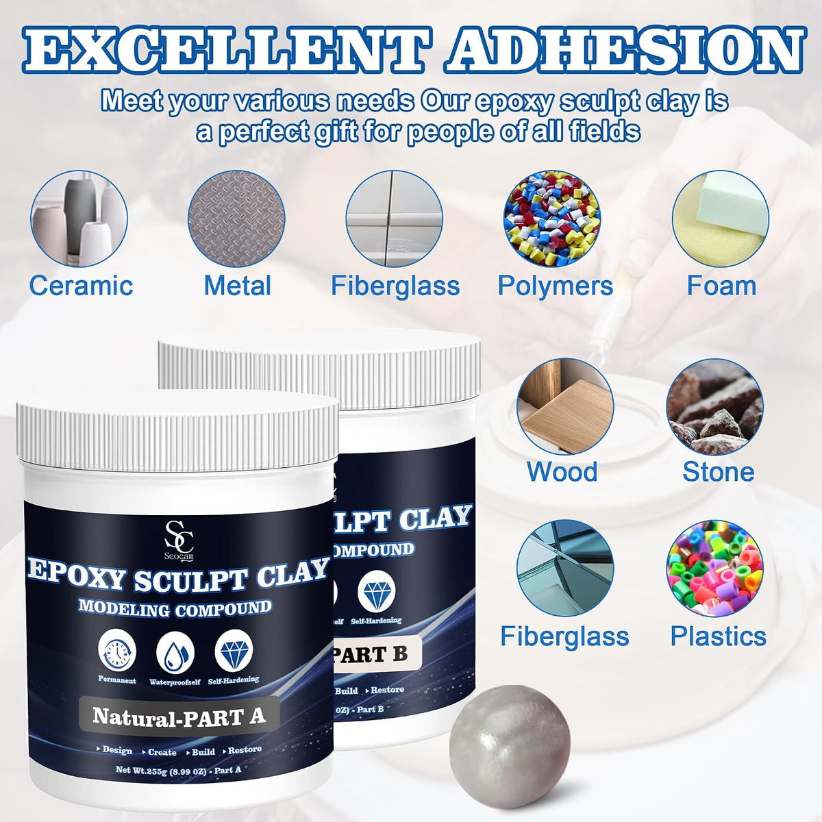 Epoxy Putty Sculpt Clay, 2 Part A & B for Sculpting, Modeling, Building, and Repairing, 1 Pound, Natural