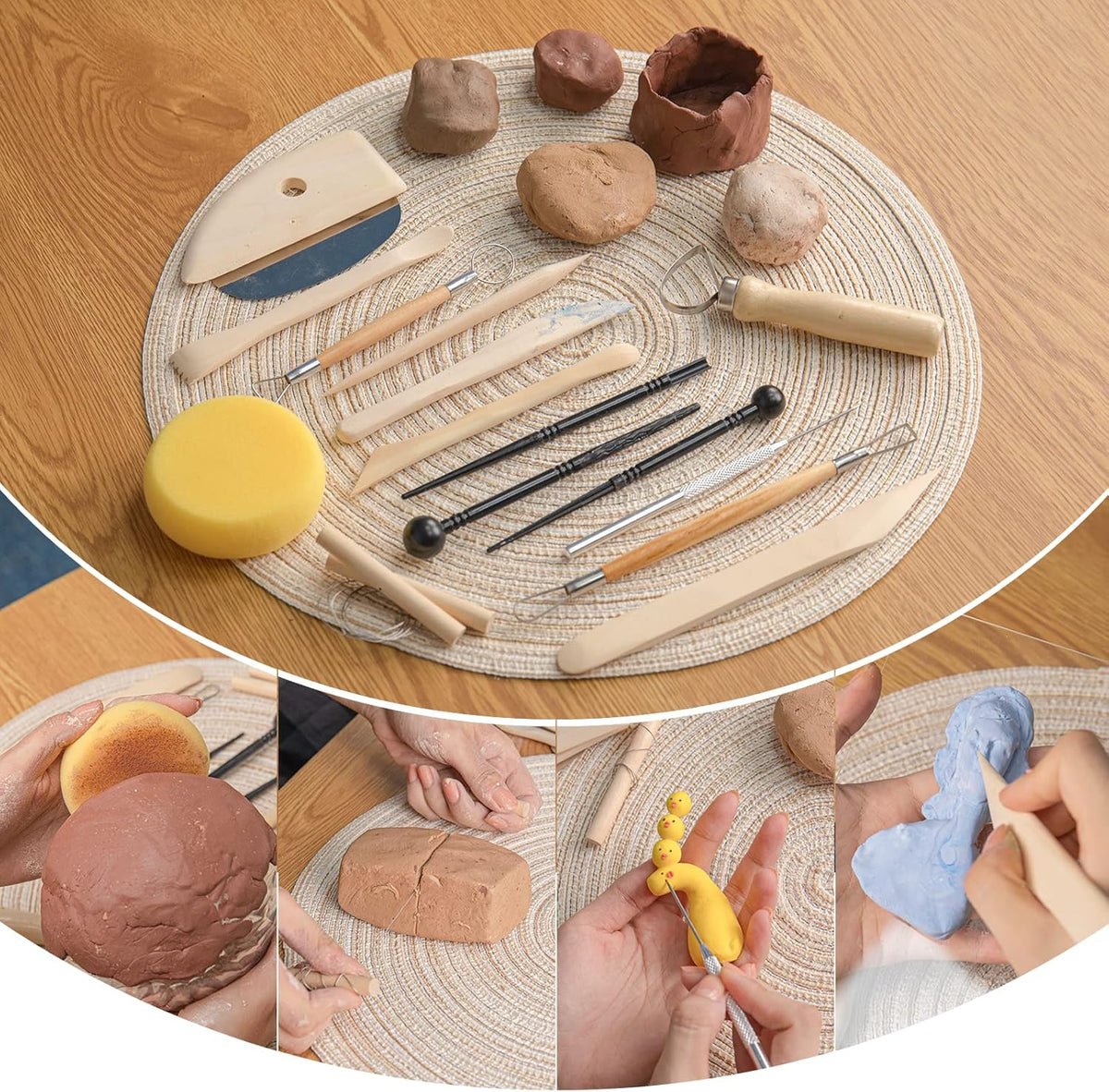 KACOLA Pottery Tool Kit, 17pcs Polymer Clay Tools, Modeling Clay Sculpting Tools Kit, Ceramics Tools, Trimming, Embossing Pattern, Smooth Wooden Handles