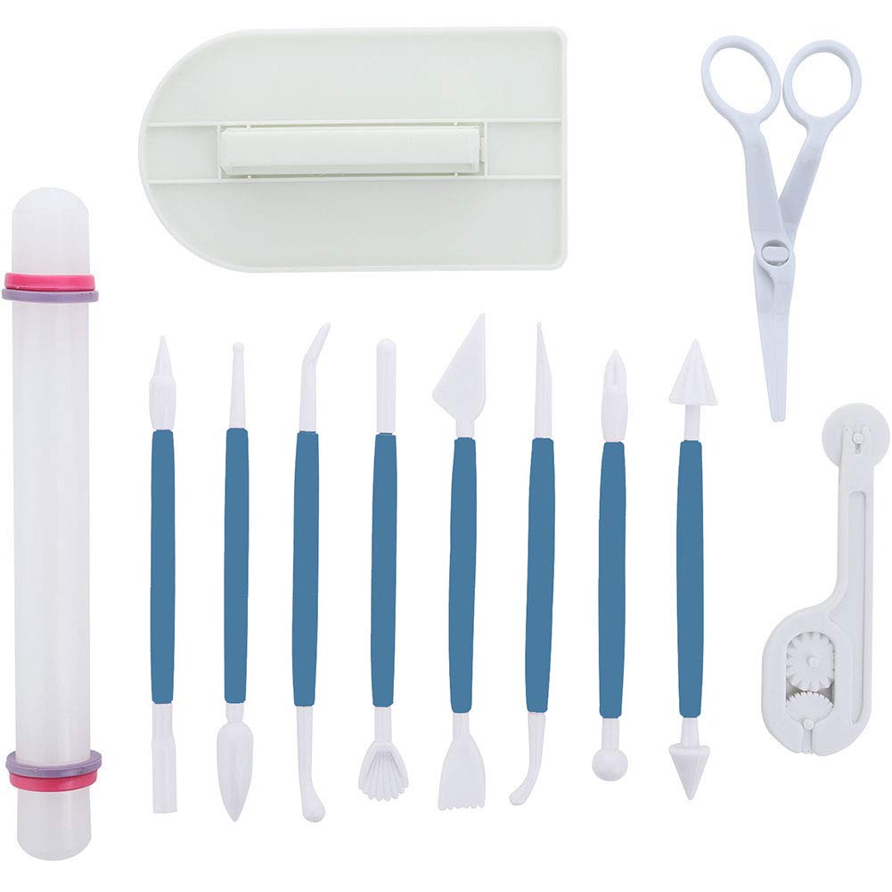 ScivoKaval Marshmallow Fondant Cake Decorating Hand Tool 12 Pcs 5 Sets Sugarcraft Gumpaste Icing Smoother Rolling Pin Trimmer Cutter Embosser Flower Scissor Modelling Accessories Supplies Kit Multi