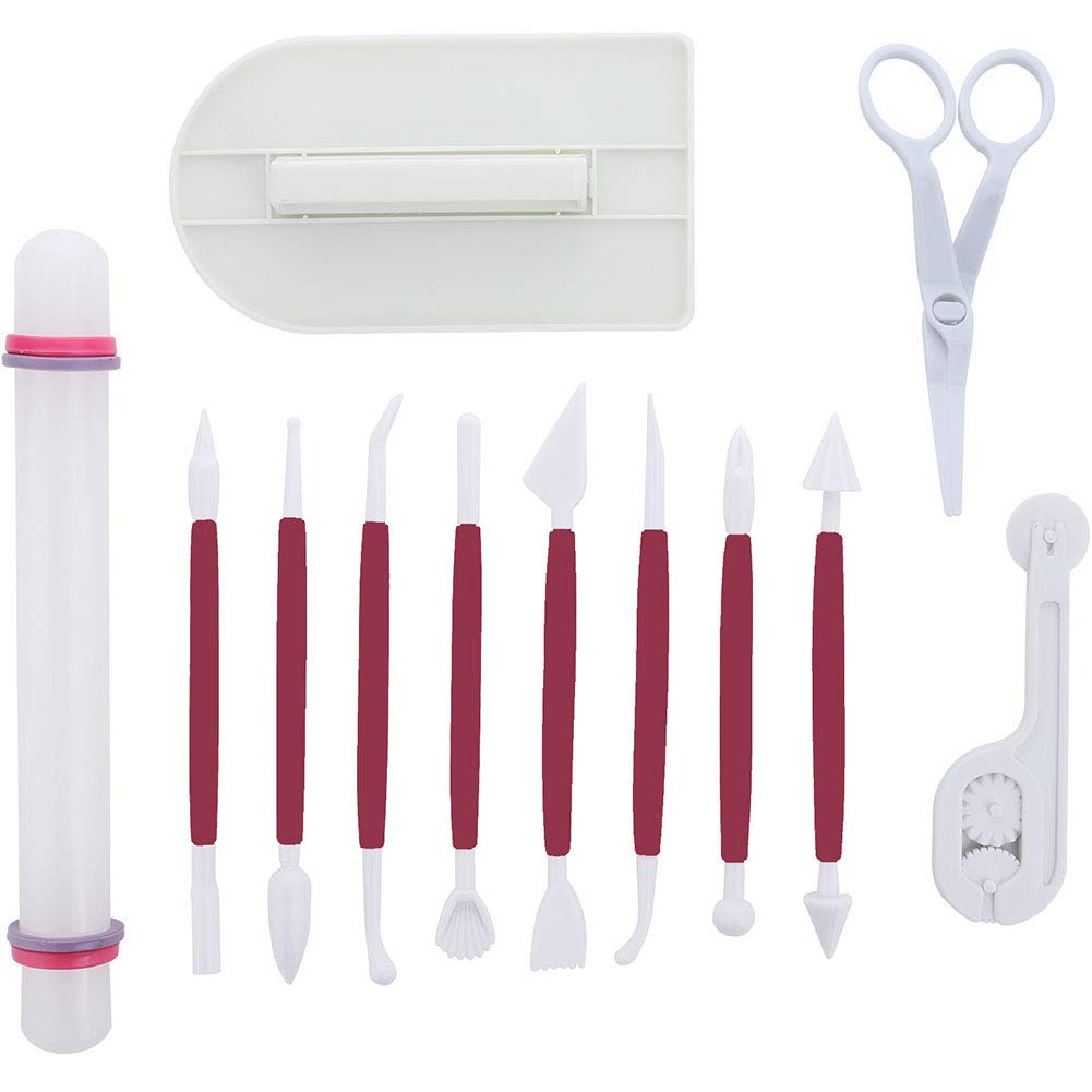 ScivoKaval Marshmallow Fondant Cake Decorating Hand Tool 12 Pcs 5 Sets Sugarcraft Gumpaste Icing Smoother Rolling Pin Trimmer Cutter Embosser Flower Scissor Modelling Accessories Supplies Kit Multi