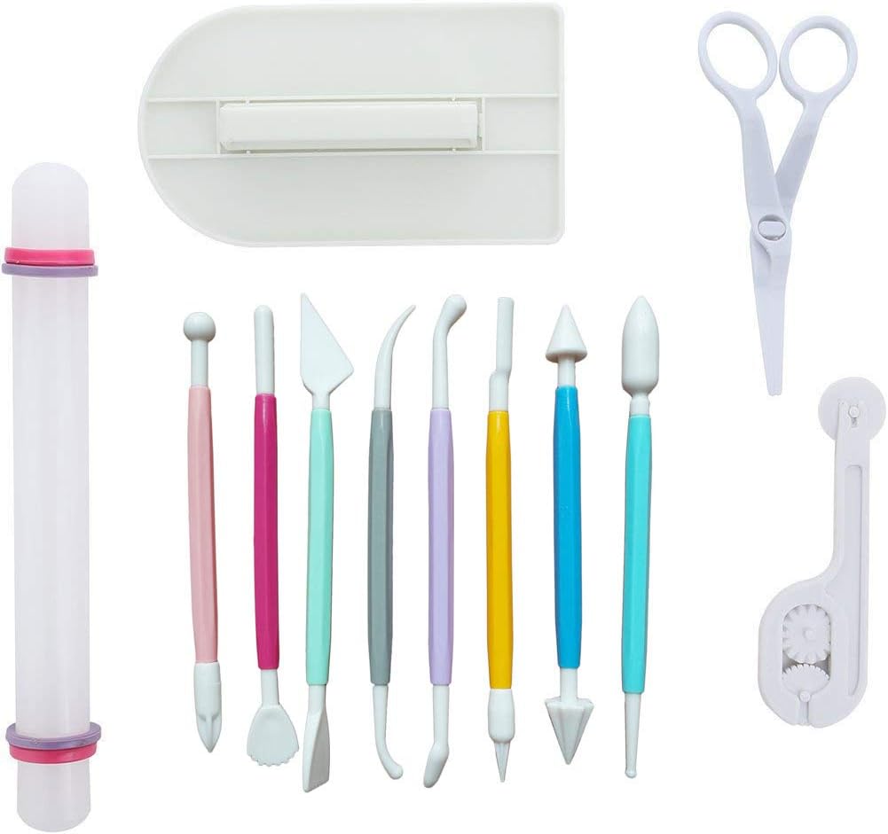 ScivoKaval Marshmallow Fondant Cake Decorating Hand Tool 12 Pcs 5 Sets Sugarcraft Gumpaste Icing Smoother Rolling Pin Trimmer Cutter Embosser Flower Scissor Modelling Accessories Supplies Kit Multi