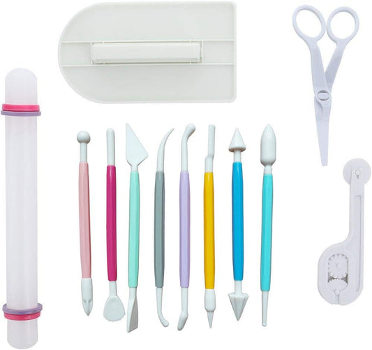 ScivoKaval Marshmallow Fondant Cake Decorating Hand Tool 12 Pcs 5 Sets Sugarcraft Gumpaste Icing Smoother Rolling Pin Trimmer Cutter Embosser Flower Scissor Modelling Accessories Supplies Kit Multi