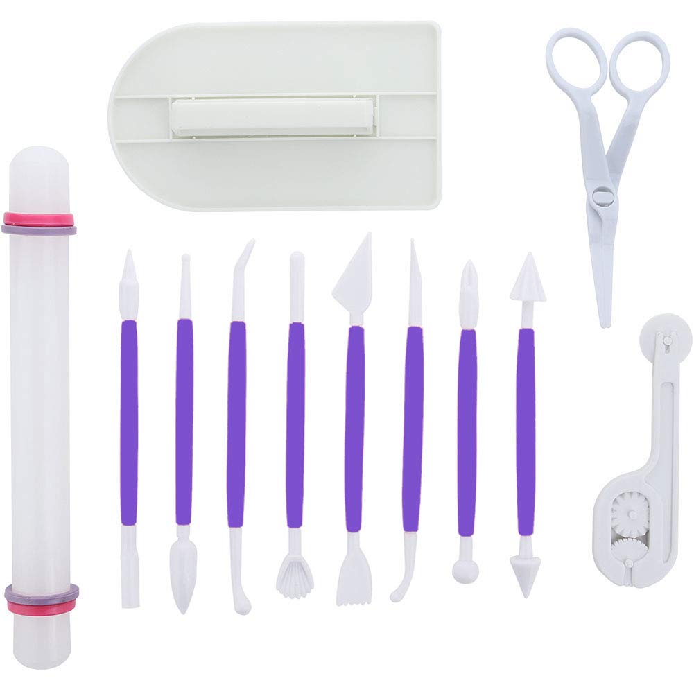 ScivoKaval Marshmallow Fondant Cake Decorating Hand Tool 12 Pcs 5 Sets Sugarcraft Gumpaste Icing Smoother Rolling Pin Trimmer Cutter Embosser Flower Scissor Modelling Accessories Supplies Kit Multi