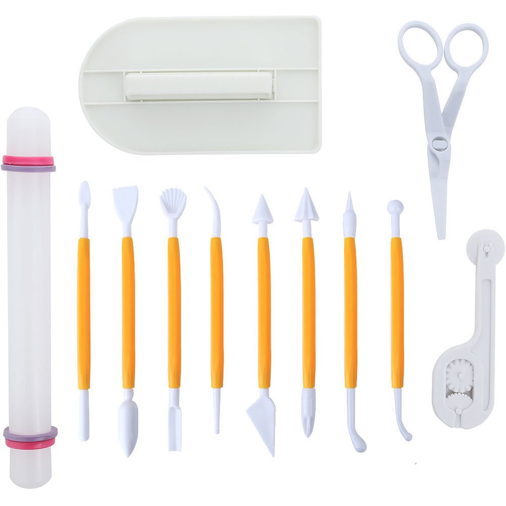 ScivoKaval Marshmallow Fondant Cake Decorating Hand Tool 12 Pcs 5 Sets Sugarcraft Gumpaste Icing Smoother Rolling Pin Trimmer Cutter Embosser Flower Scissor Modelling Accessories Supplies Kit Multi