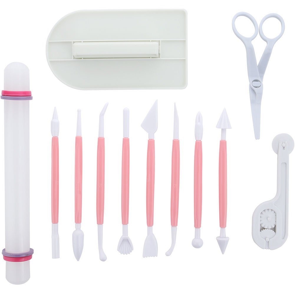 ScivoKaval Marshmallow Fondant Cake Decorating Hand Tool 12 Pcs 5 Sets Sugarcraft Gumpaste Icing Smoother Rolling Pin Trimmer Cutter Embosser Flower Scissor Modelling Accessories Supplies Kit Multi