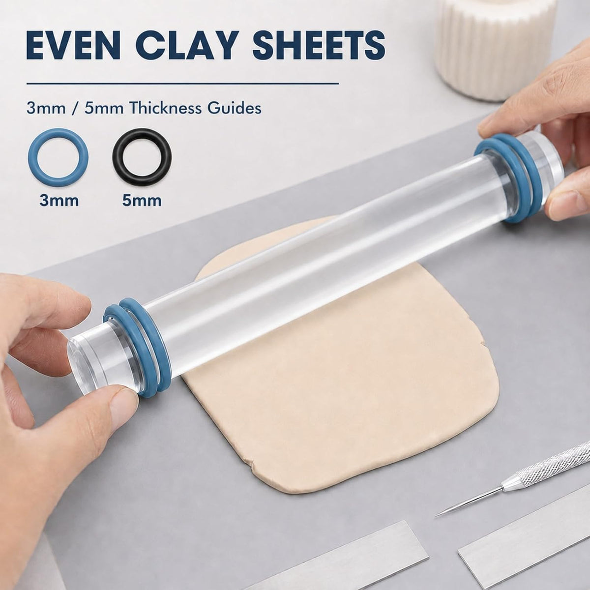 DIYOOHOMY 18 Pcs Polymer Clay Tools Kit, Rolling Pin with Thickness Rings