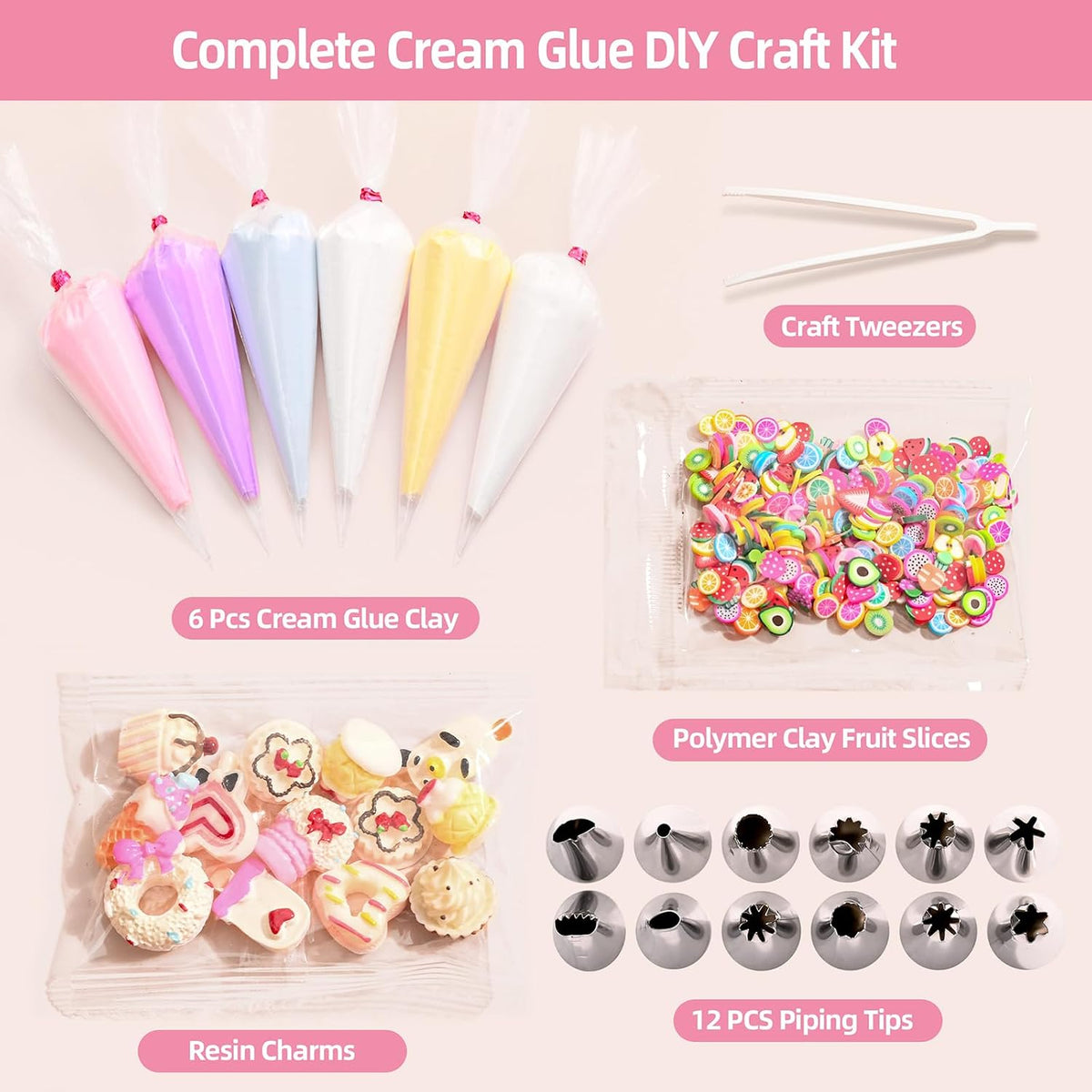 Decoden Cream Glue Clay Set with 12 Piping Tips DIY Phone Case Art Crafts