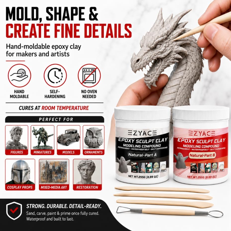 Epoxy Clay, Magic Epoxy Sculpt Clay, 2 Part Modeling Compound (A & B) of Magic Sculpt Epoxys Clays for Sculpting, Modeling, Building and Repairing, Epoxy Putty, Natural, 1 Pound