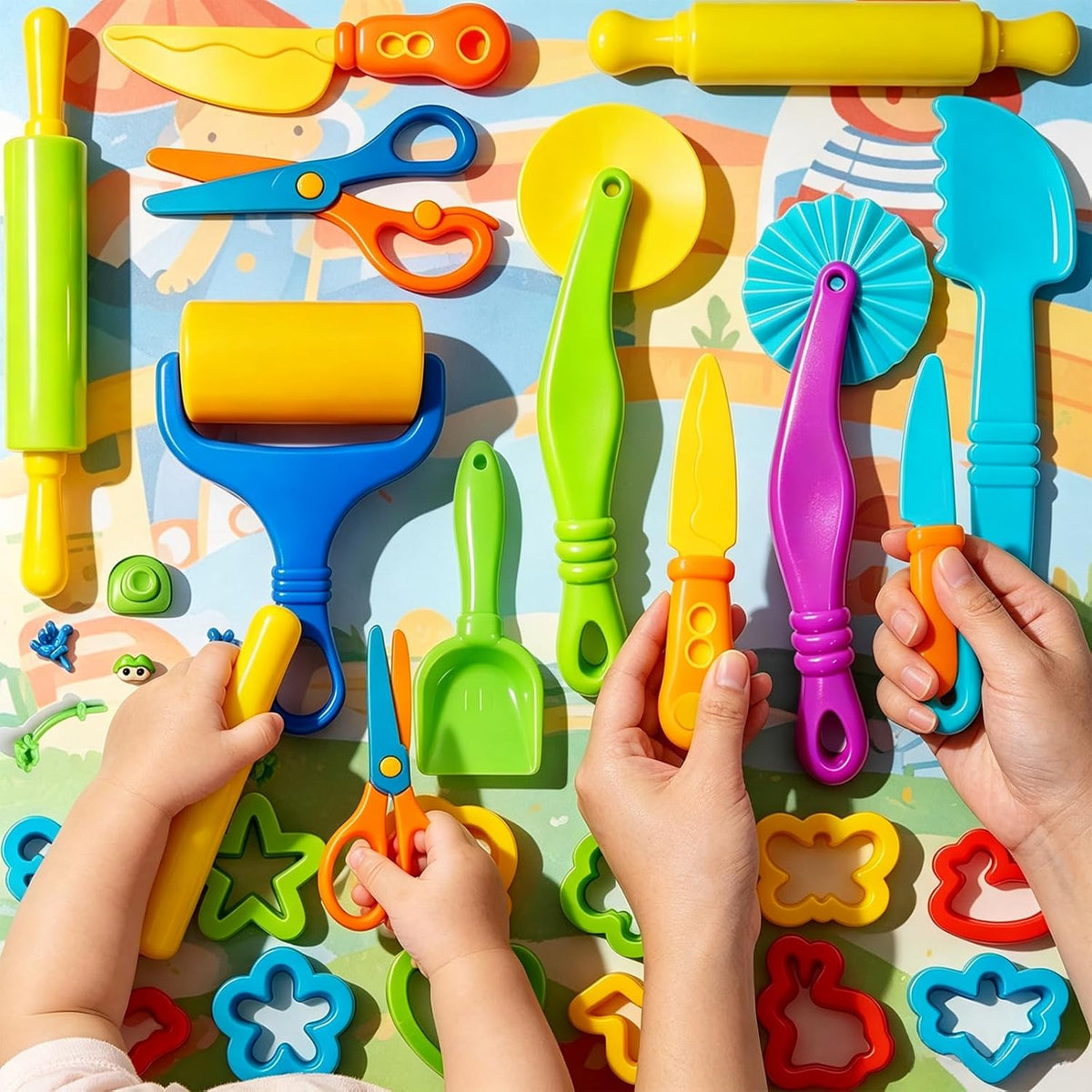 Dough and Clay Play Tools Kit for Kids, Modeling Clay Accessories for Toddlers, Animal Cutters with DIY Rollers & Safety Scissors, Dough Extruder Easy Squeeze for Kids, Ideal Home Play & Baking Set