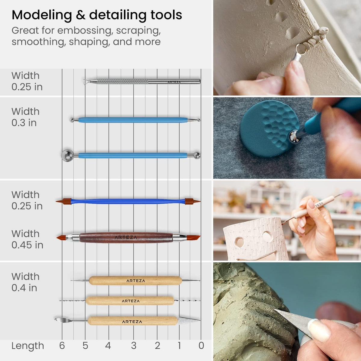 ARTEZA Pottery and Sculpting Tools, 22-Piece Set for Modeling and Carving | Steel and Silicone Ends, Wooden Handles, Wheel Cutter, Rolling Pin, Stylus and Ribbon Tools, For Wet Clay and Ceramics