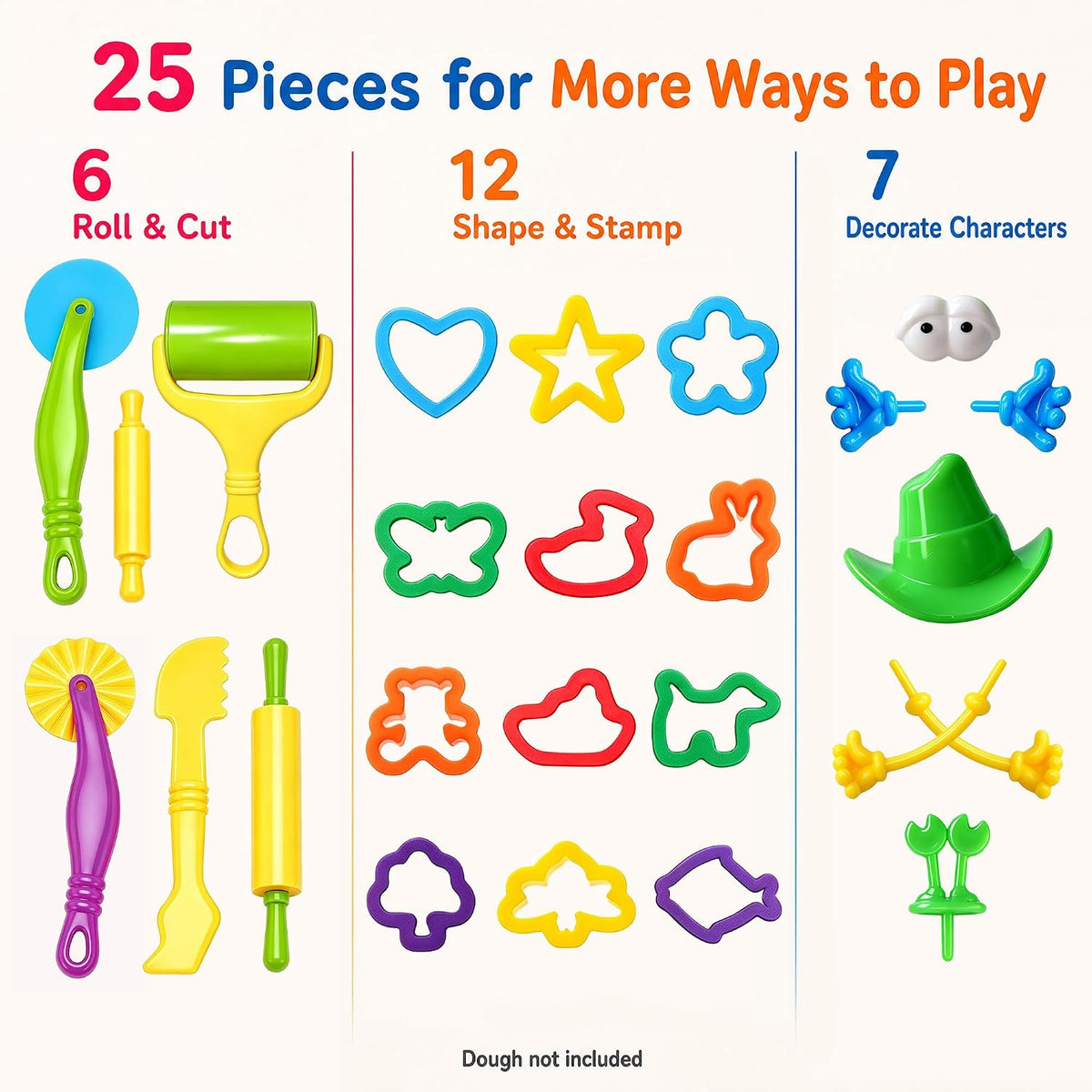 Dough Tools Set for Kids Ages 2-4, 25pc Play Accessories with Molds Cutters