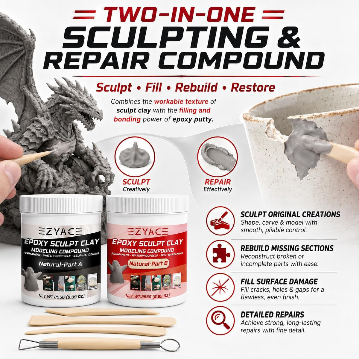 Epoxy Clay, Magic Epoxy Sculpt Clay, 2 Part Modeling Compound (A & B) of Magic Sculpt Epoxys Clays for Sculpting, Modeling, Building and Repairing, Epoxy Putty, Natural, 1 Pound