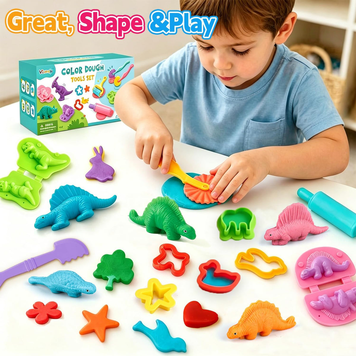 34Pcs Dough Tools Play Set with Dino Molds Animal Cutters Stamps Rollers