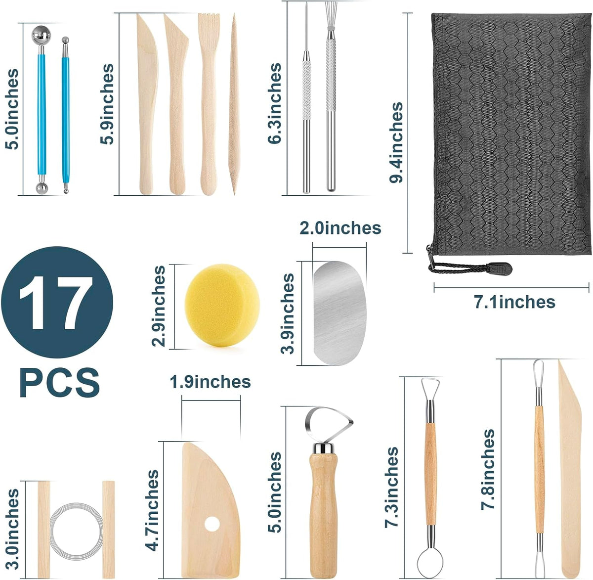 KACOLA Pottery Tool Kit, 17pcs Polymer Clay Tools, Modeling Clay Sculpting Tools Kit, Ceramics Tools, Trimming, Embossing Pattern, Smooth Wooden Handles