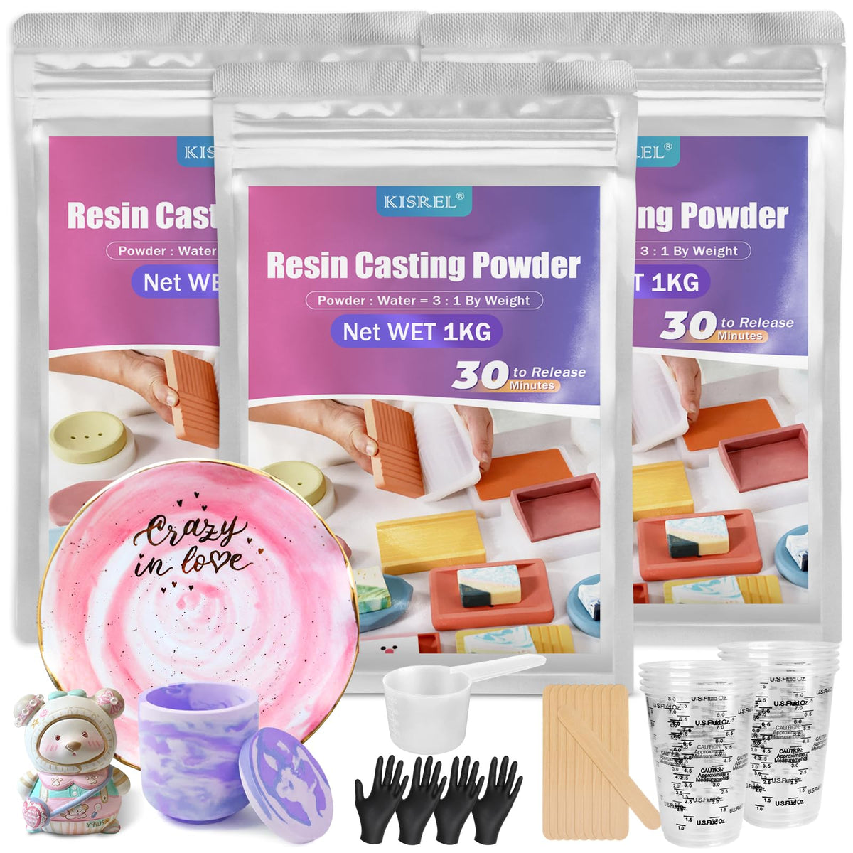 Resin Casting Powder 3000g (Packaging Upgrade), 20~30 Minutes Demold, Water Activated Plaster Powder for Craft Casting, Easy Mixing and Self Leveling