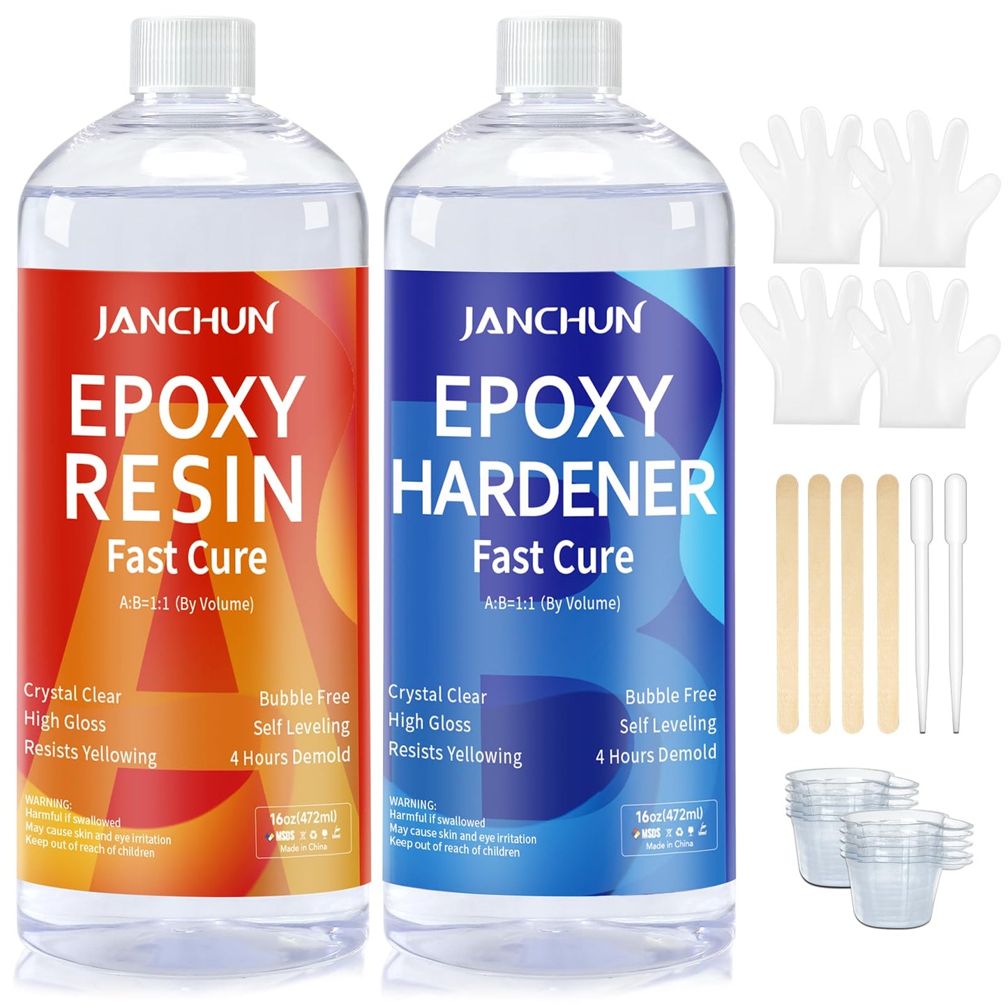 JANCHUN Crystal Clear Epoxy Resin Kit 16oz, Bubble-Free, Anti-Yellowing, Self Leveling Easy Mix 1:1 Coating and Casting Resin for Table Top, Molds, Tumbler Crafts, Painting, Jewelry, DIY Gifts