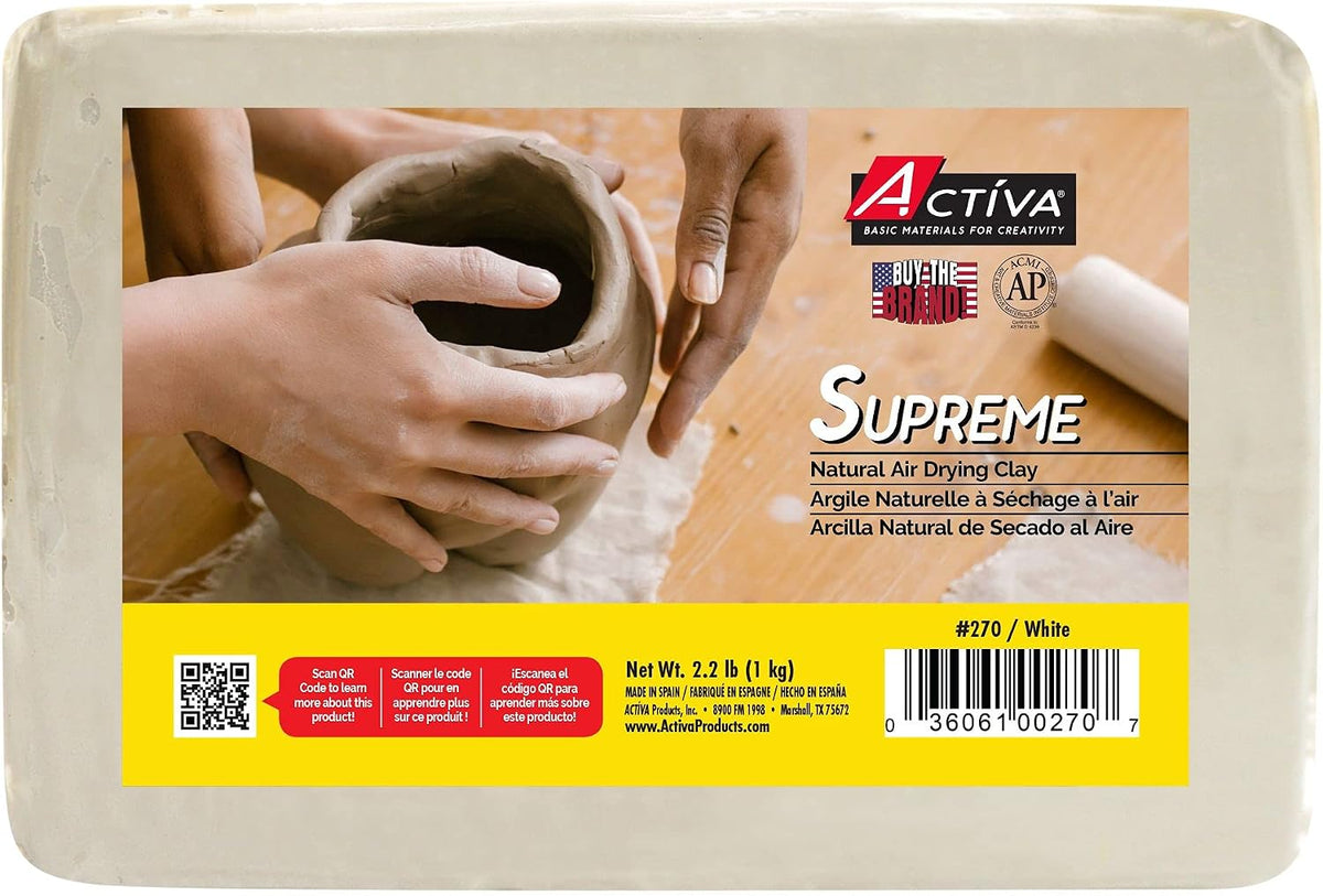 Activa Supreme Clay, White, Premium Natural Air Dry Clay, 3.3lb (1.5kg) | Ultra-Fine & Exceptional Plasticity for Studio, Classroom & Hobby Use