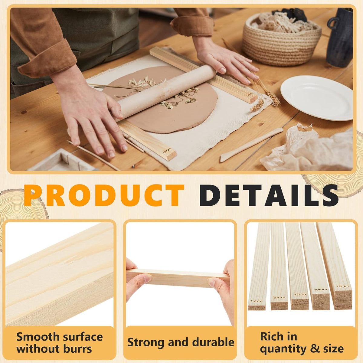 Sasylvia 10 Pcs Clay Pottery Rolling Pin Guides,5 Size,Wood Color