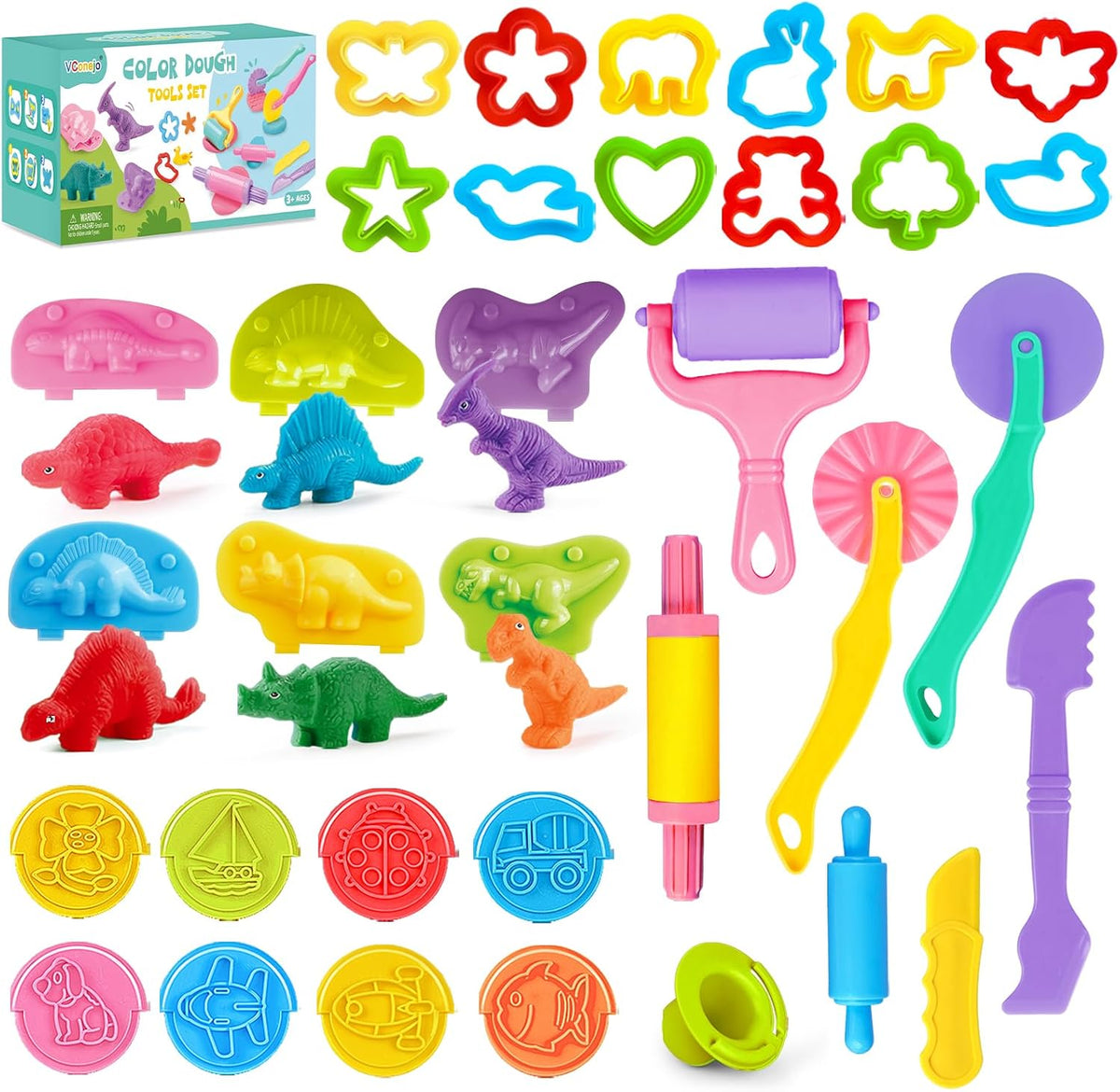 34Pcs Dough Tools Play Set with Dino Molds Animal Cutters Stamps Rollers