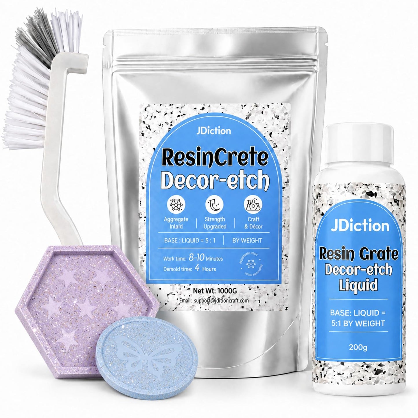 JDiction ResinCrete Decor-Etch Stone Effect Microcement Kit – Aggregate Inlaid & Acid-Etch Formula | High Hardness & Fast Curing | 5:1 Precision Mix for Real Stone Texture (1000g Powder+200g Liquid)