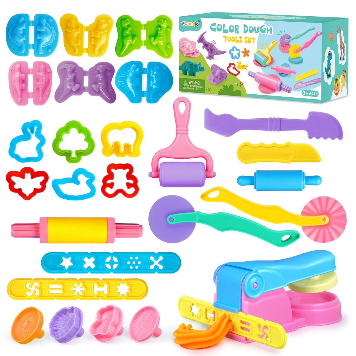 34Pcs Dough Tools Play Set with Dino Molds Animal Cutters Stamps Rollers