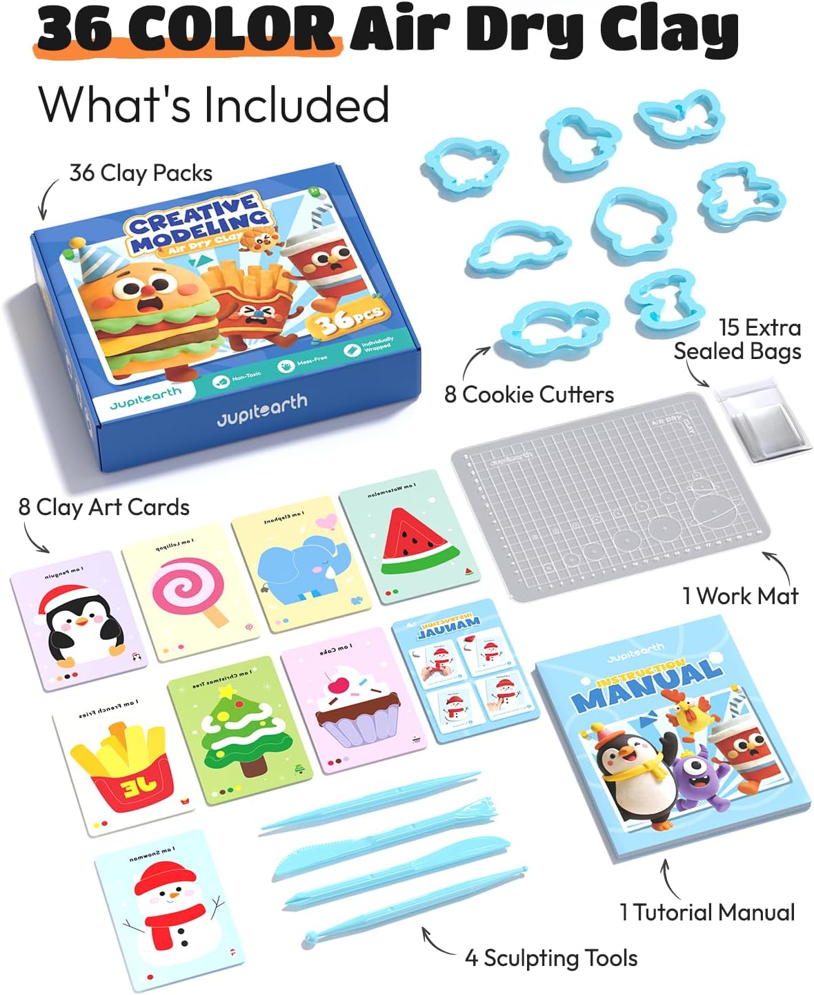 JUPITEARTH Air Dry Clay for Kids, 36 Colors Modeling Clay Kit