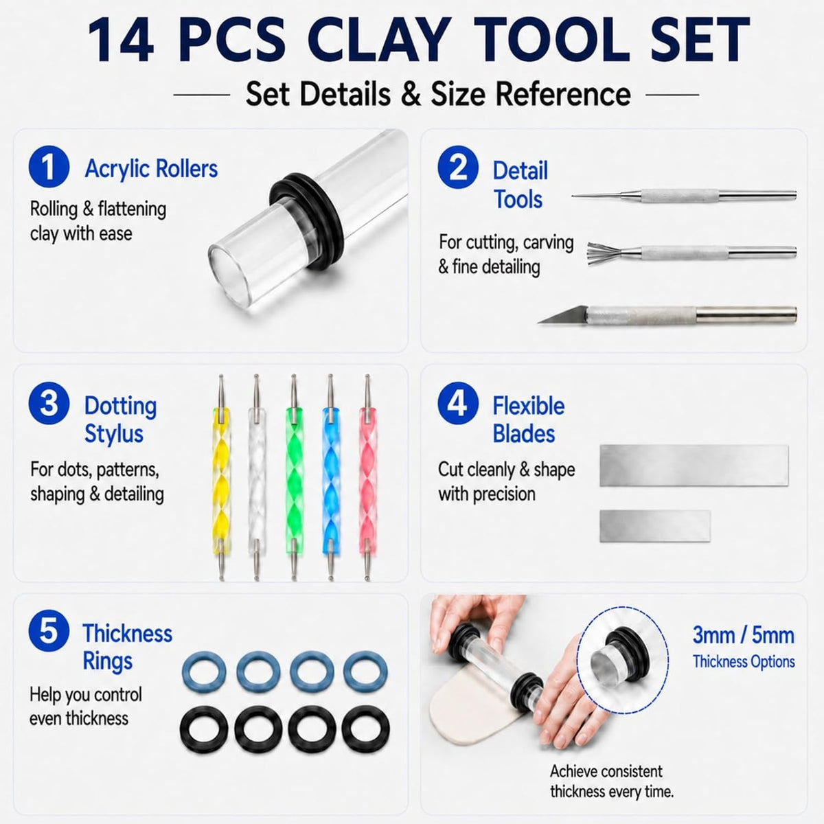 DIYOOHOMY 18 Pcs Polymer Clay Tools Kit, Rolling Pin with Thickness Rings