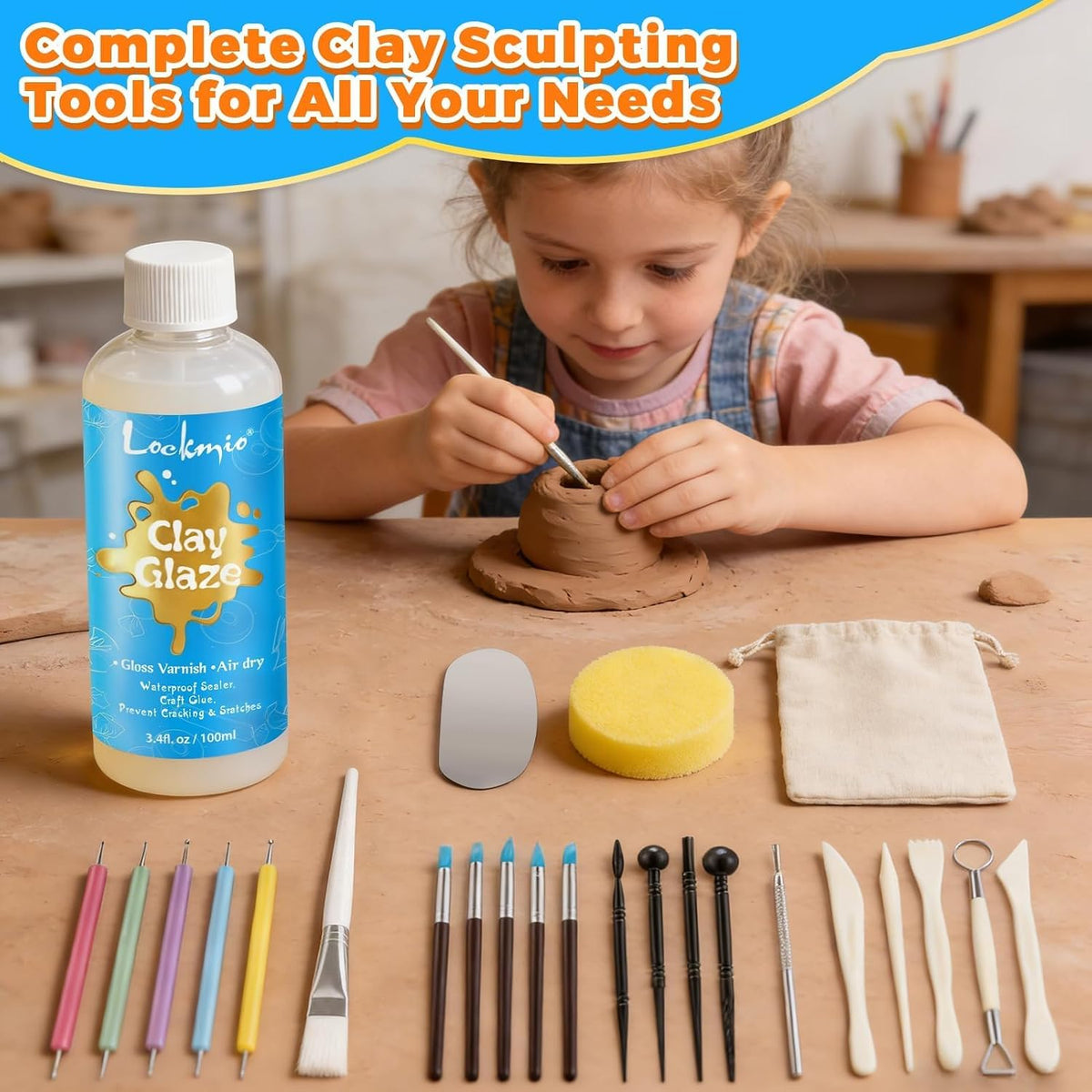 3.4FL OZ Air Dry Clay Glaze & 25pcs Tools Kit, Gloss Protective Sealant
