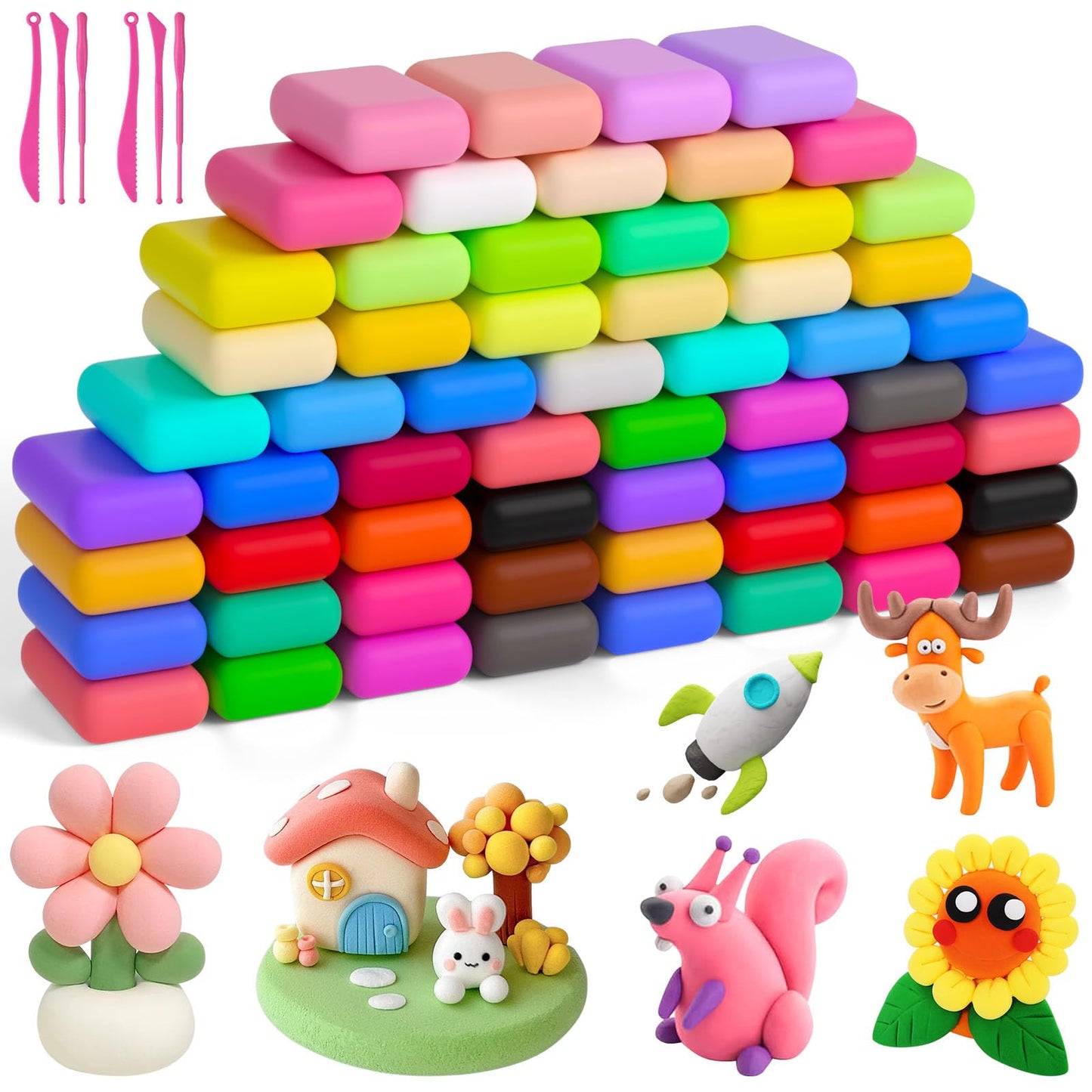 Ainiv Air Dry Clay Kit, 60 Colors DIY Model Magic Clay for Kids