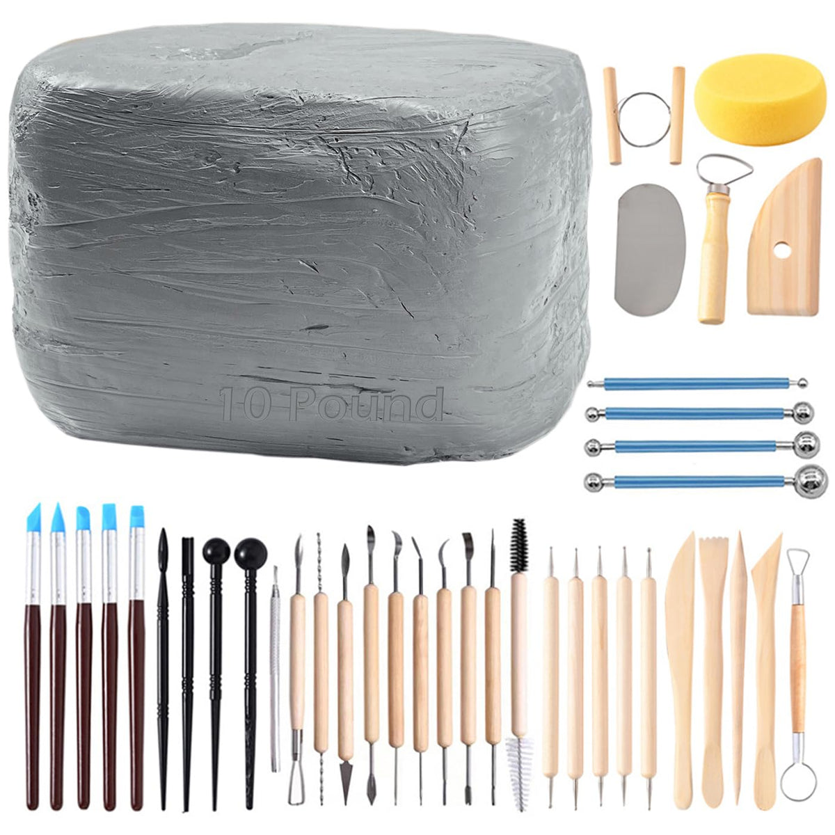 ReArt Natural Air-Dry Clay, Pottery Clay10LBs with 40 Pcs Pottery Tools Clay Sculpting Tool Set, All-Purpose Modeling Clay (White)