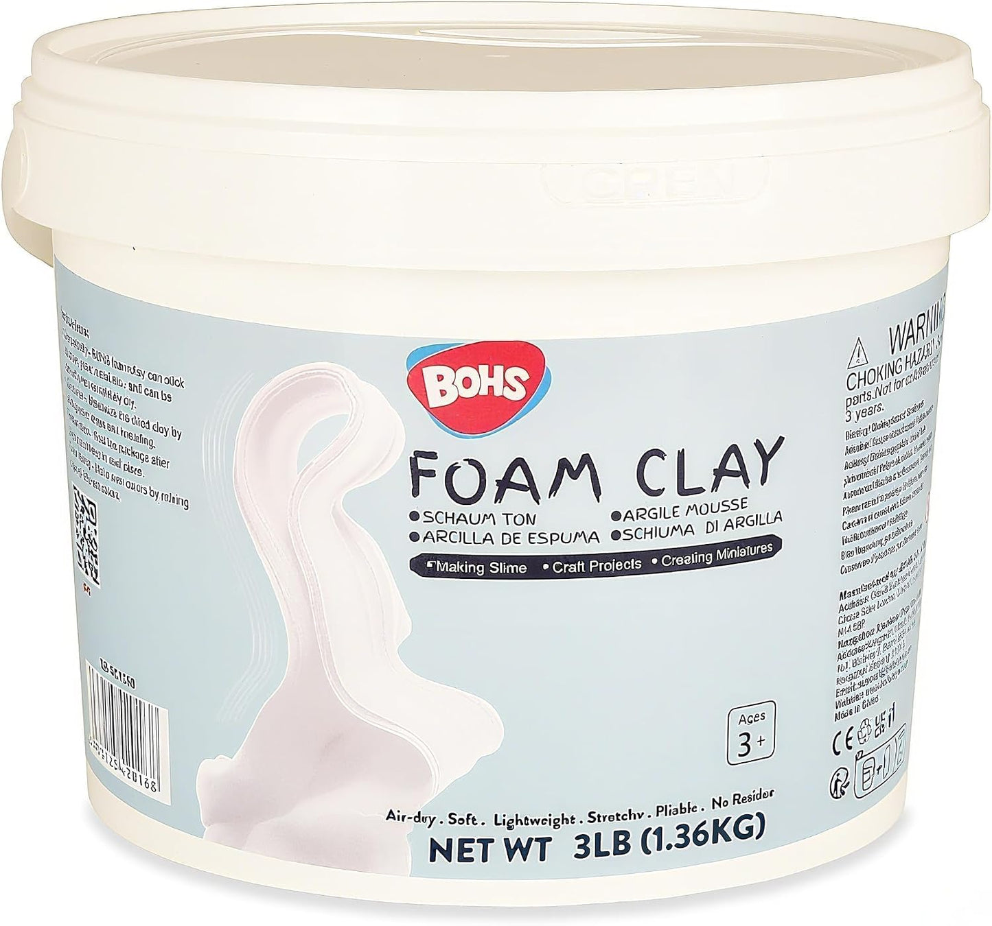 BOHS Foam Clay Pro, White Air Dry Modeling Clay, 3 lb Bucket
