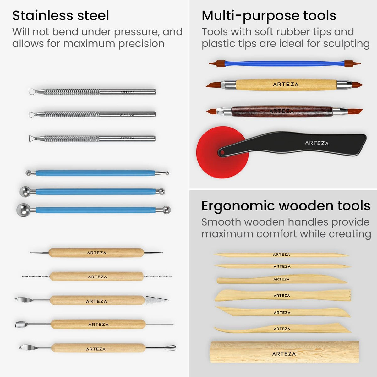 ARTEZA Pottery and Sculpting Tools, 22-Piece Set for Modeling and Carving | Steel and Silicone Ends, Wooden Handles, Wheel Cutter, Rolling Pin, Stylus and Ribbon Tools, For Wet Clay and Ceramics