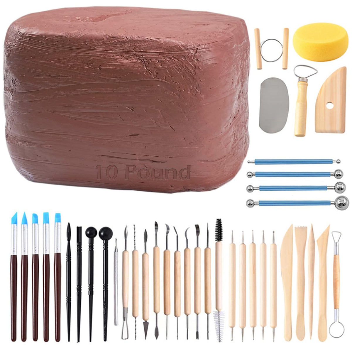 ReArt Natural Air-Dry Clay, Pottery Clay10LBs with 40 Pcs Pottery Tools Clay Sculpting Tool Set, All-Purpose Modeling Clay (White)