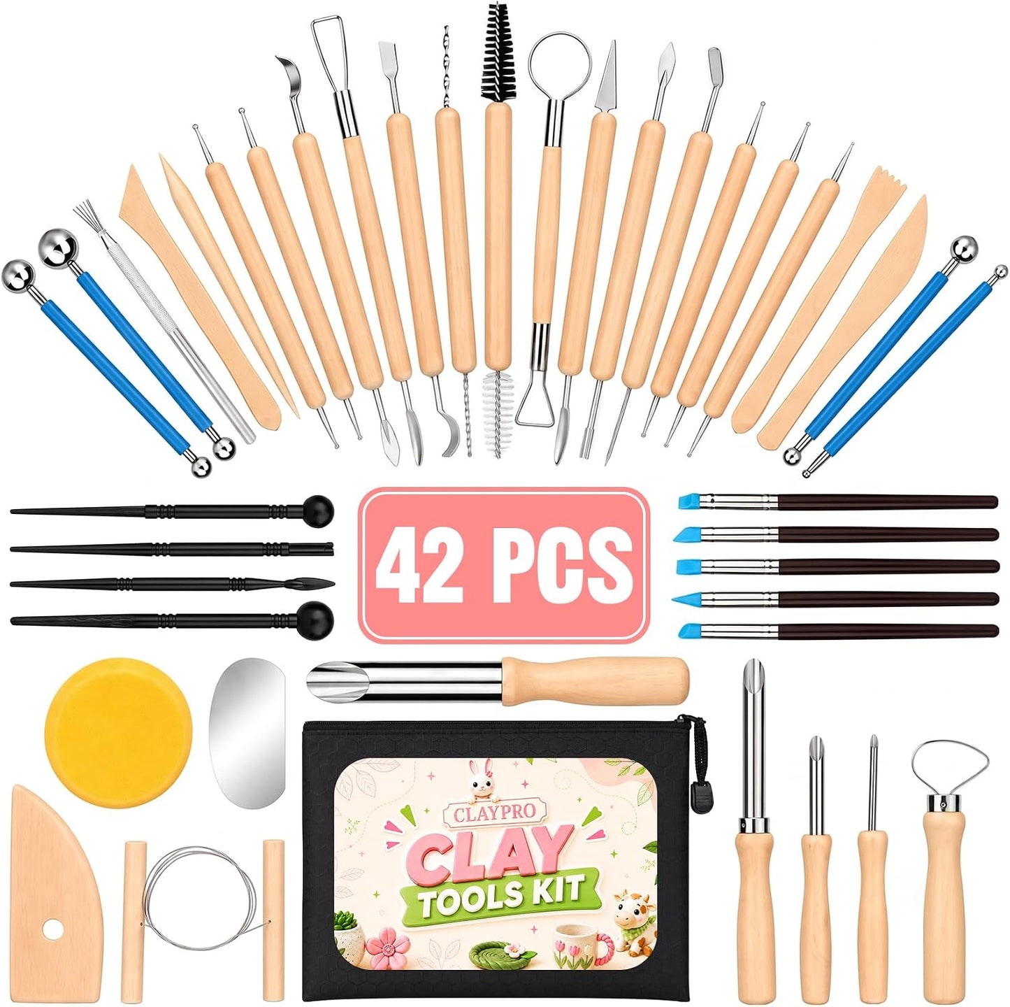 CLAYPRO 42Pcs Clay Tools Kit, Ceramic & Pottery Tools for Adults