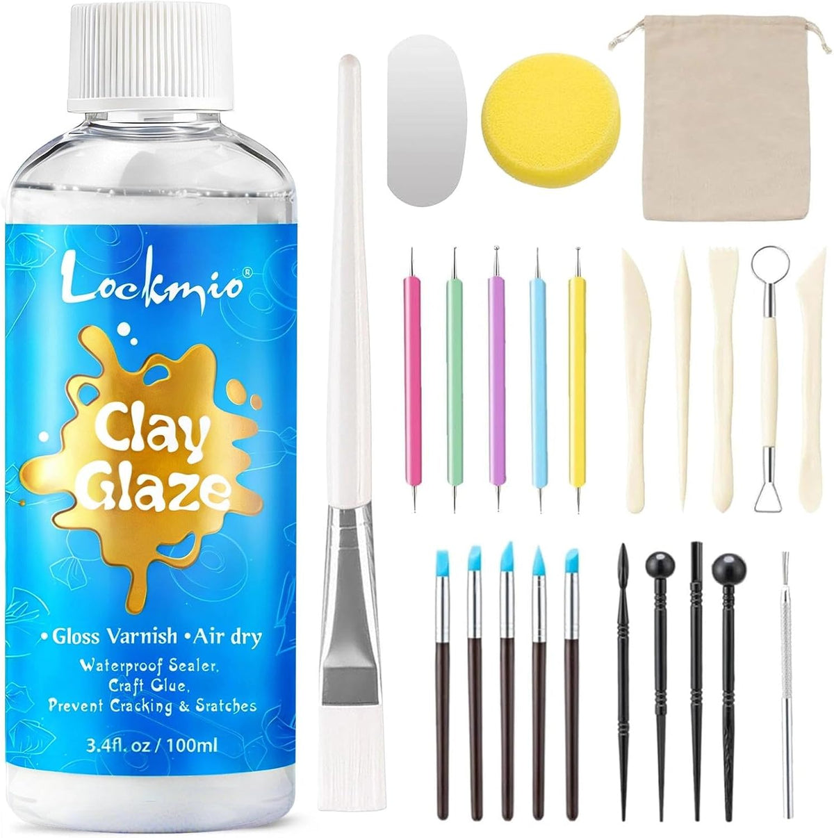 3.4FL OZ Air Dry Clay Glaze & 25pcs Tools Kit, Gloss Protective Sealant