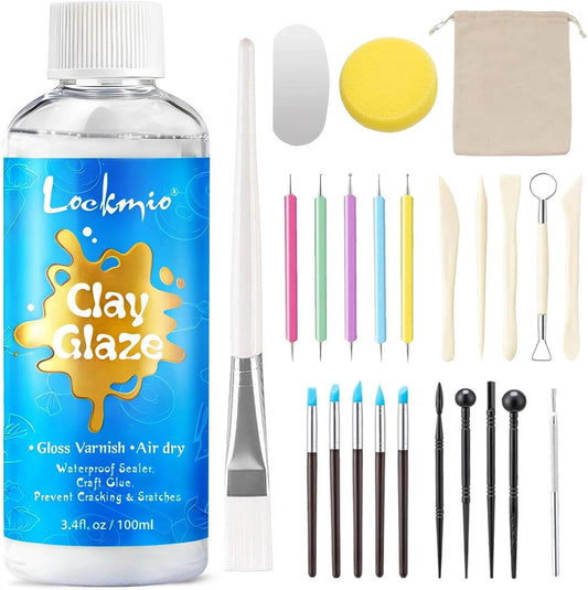3.4FL OZ Air Dry Clay Glaze & 25pcs Tools Kit, Gloss Protective Sealant