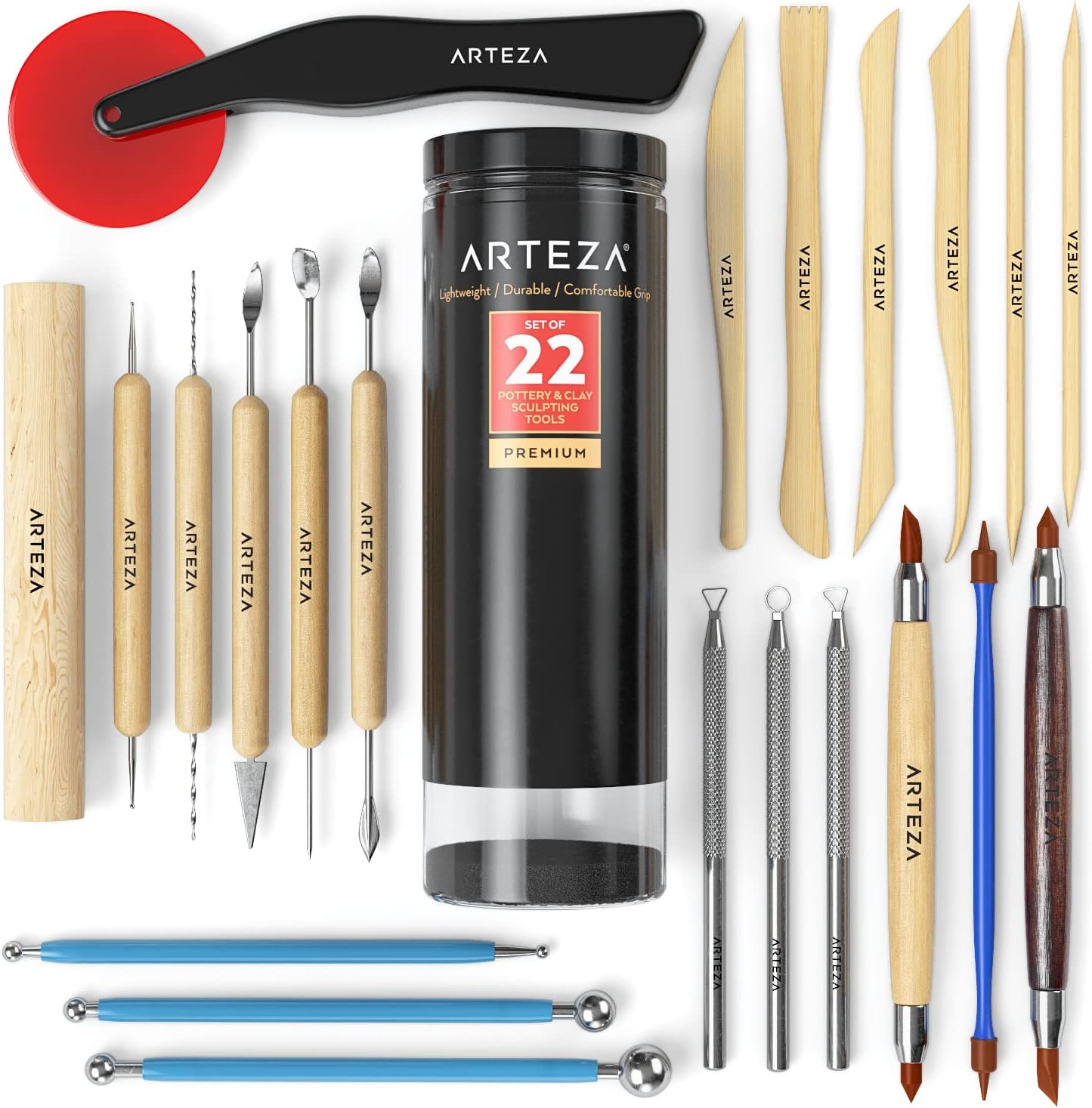 ARTEZA Pottery and Sculpting Tools, 22-Piece Set for Modeling and Carving | Steel and Silicone Ends, Wooden Handles, Wheel Cutter, Rolling Pin, Stylus and Ribbon Tools, For Wet Clay and Ceramics