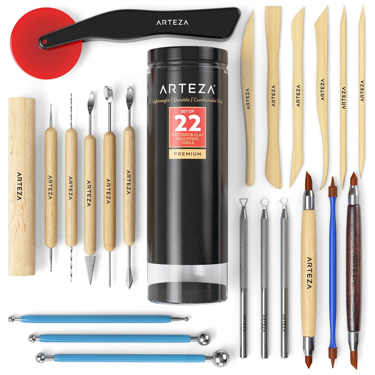 ARTEZA Pottery and Sculpting Tools, 22-Piece Set for Modeling and Carving | Steel and Silicone Ends, Wooden Handles, Wheel Cutter, Rolling Pin, Stylus and Ribbon Tools, For Wet Clay and Ceramics