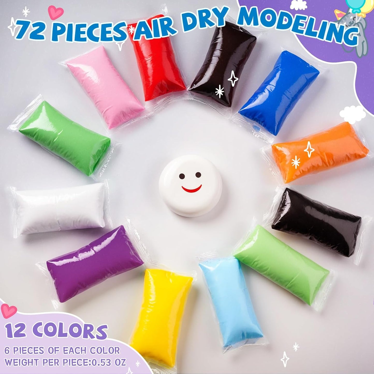 VioraWhite 72 Pcs 38oz Air Dry Clay Bulk Modeling Clay,Classic Color