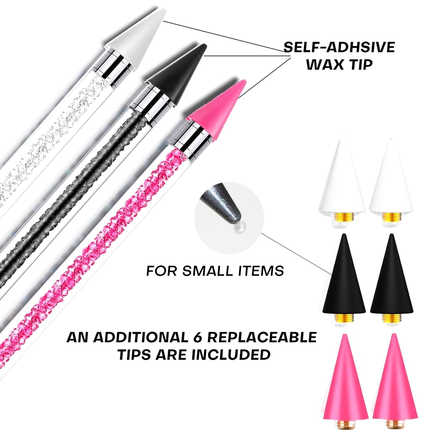 14 Pcs Rhinestone Picker Tool - 3 Pcs Dual-head Pens with 6 Wax Tips, Useful Clay, Precision Curved and Straight Tweezers Kit for Picking Up Nail Art Gems, Stones, Crystals, and Nail Charms