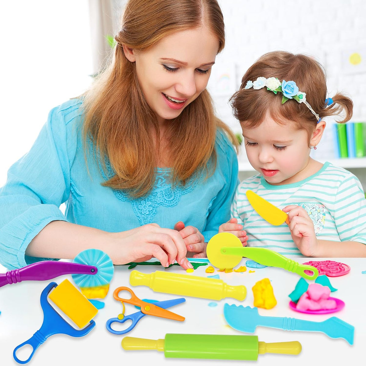 LCY WEDSHI Dough Tool Set, 9 Pcs Dough Tools Sets for Kids Ages 4-8, Dough Accessories Includes Cutters Roller, Rolling Pins, Safety Scissors, Plastic Knife, Plastic Rollers