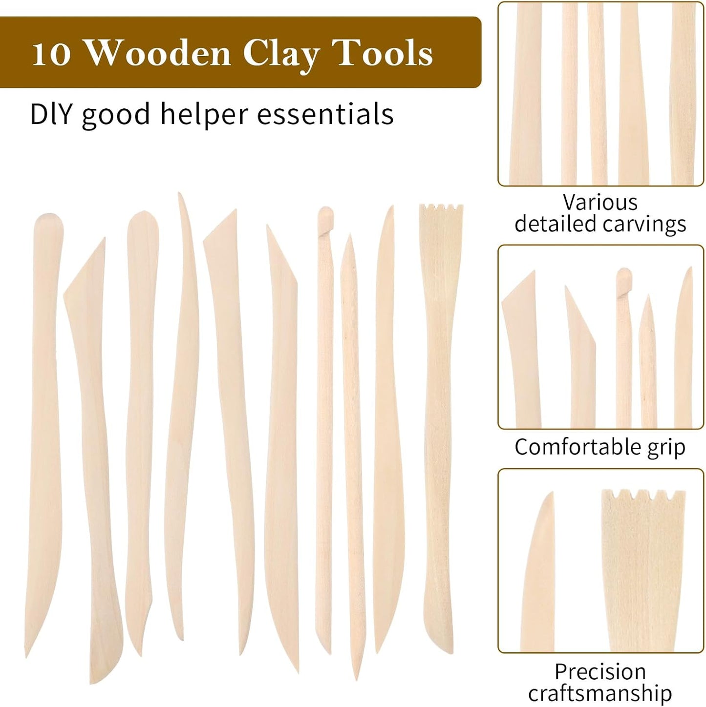 DIVINA VITAE 10Pcs Wooden Clay Sculpting Tools Double Ended Clay Modeling Tools 6.22 Inch Pottery Sculpting Tools for Cutting Soap Carving Smoothing Clay Supplies