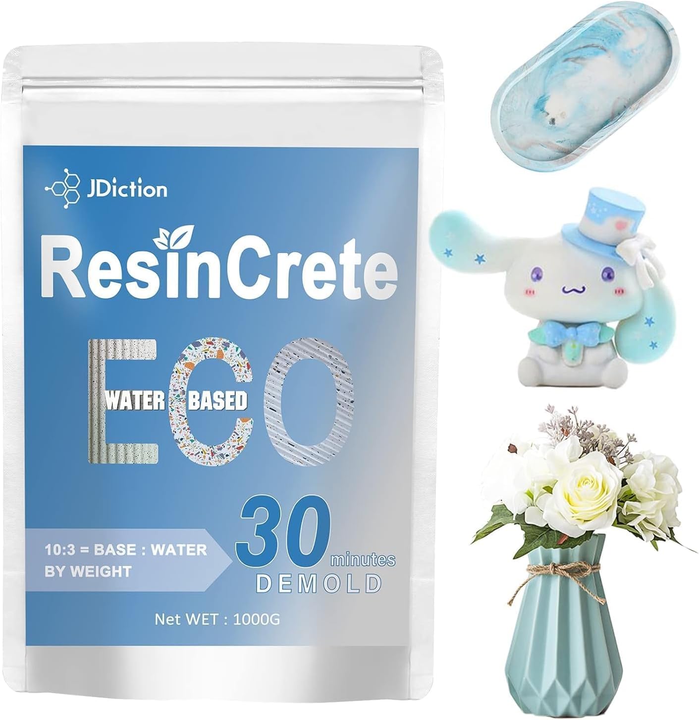 JDiction ResinCrete, 1000G Water-Based Eco-Friendly Formula, 20-30 Minutes Demold Fast Curing Eco Casting for Beginners, Mineral Casting Powder, Easy Mix for DIY Home Art